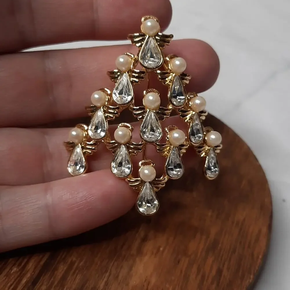 Tree of Angels Brooch Pin Clear Crystal Faux Pearl Gold Tone